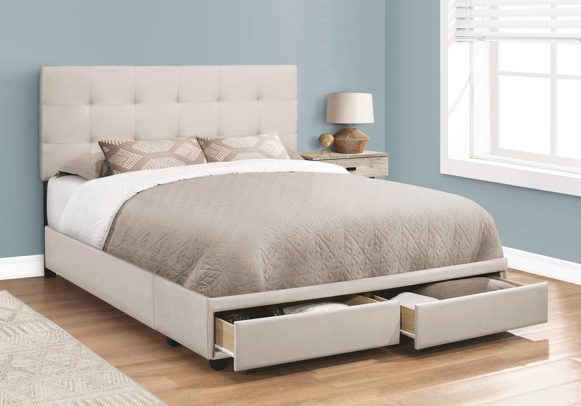Monarch Specialties I 6021Q Bed, Queen Size, Platform, Bedroom, Frame, Upholstered, Linen Look, Wood Legs, Beige, Black, Transitional